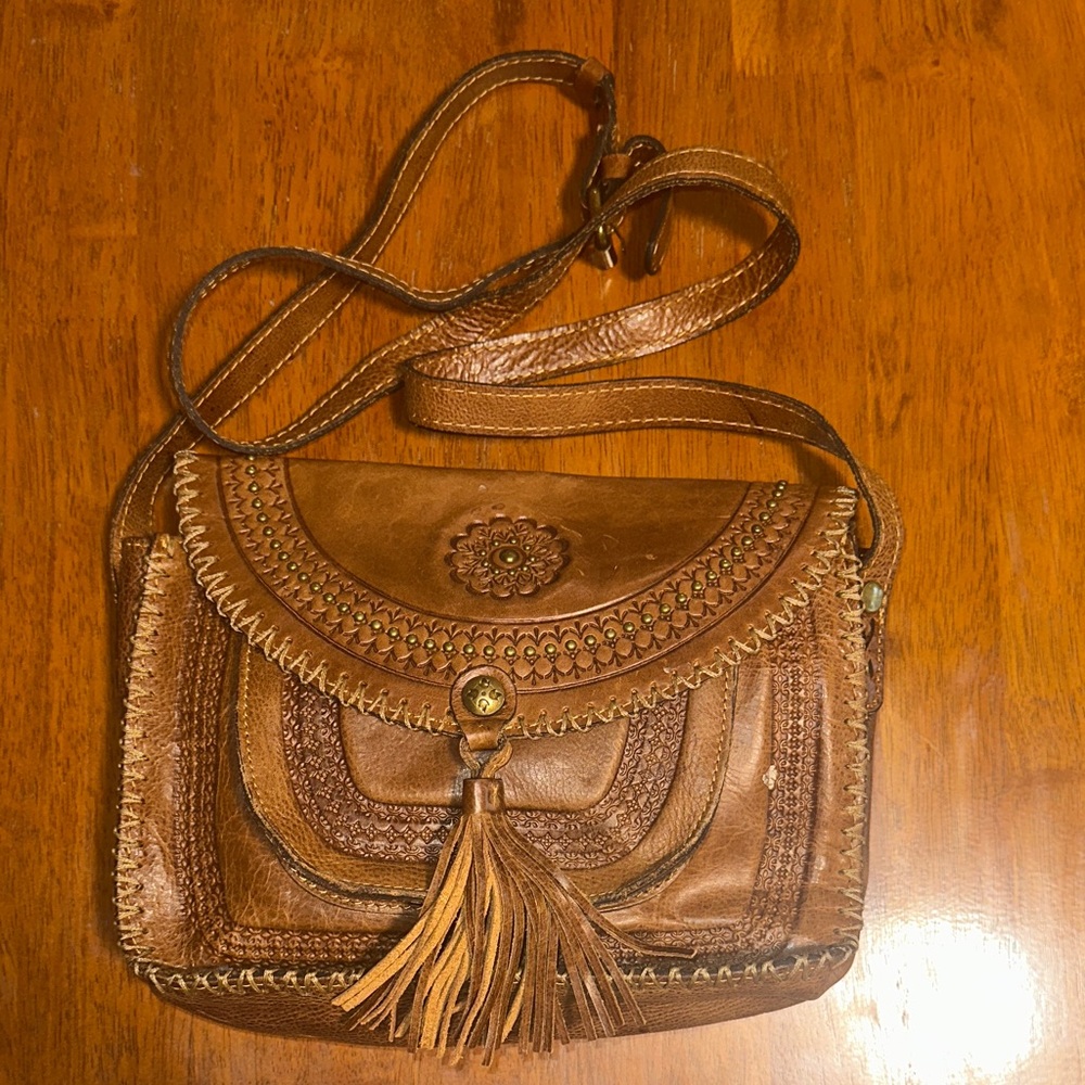 Leather Tassel Stitch Crossbody Bag - Brown